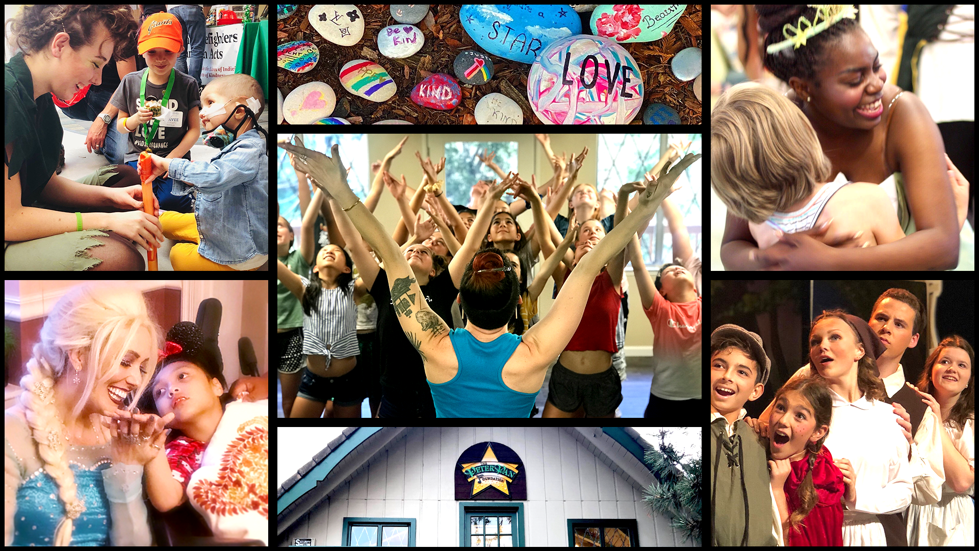 Youth cast members smiling backstage during a Peter Pan Foundation production